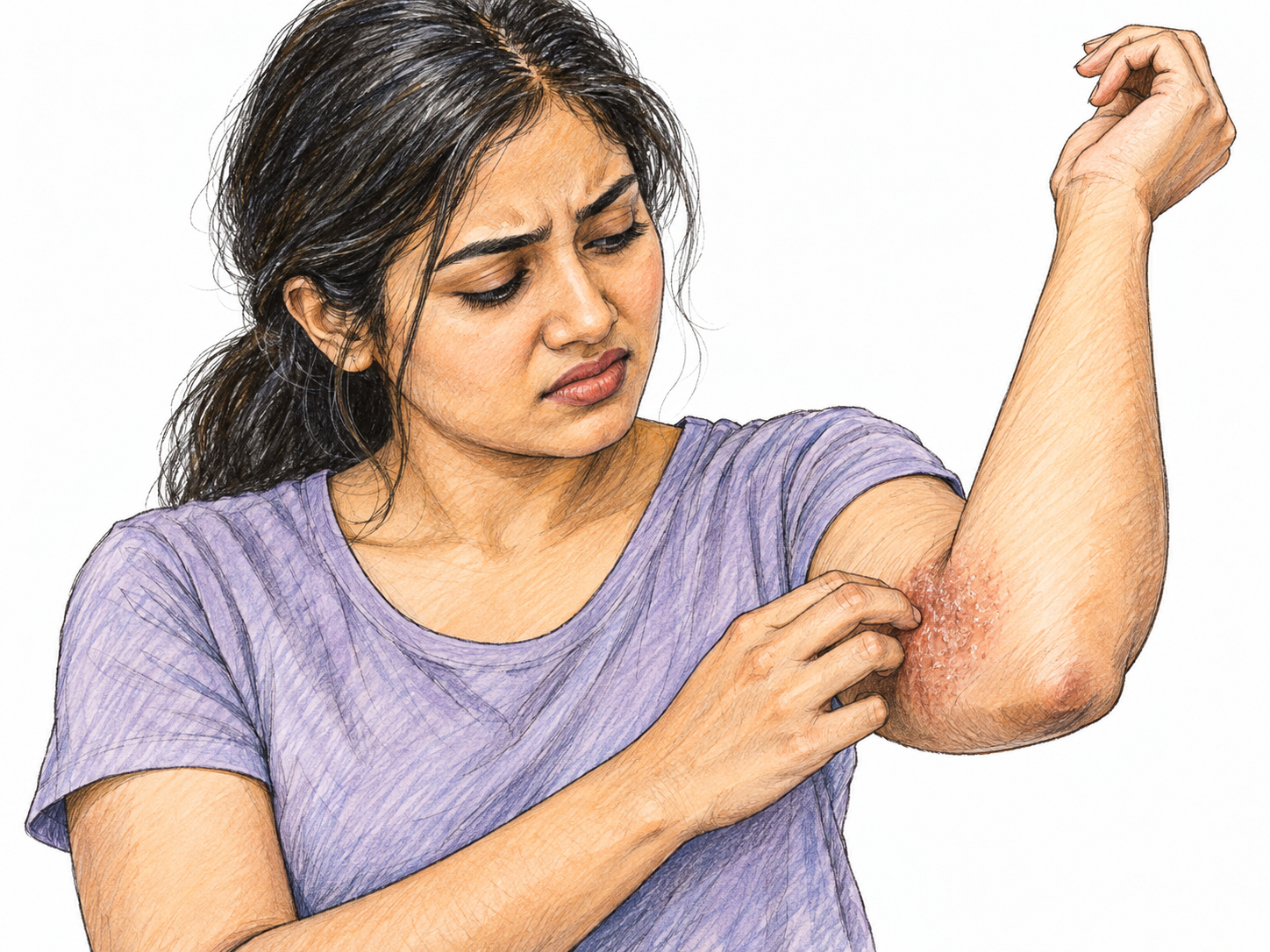A young adult South Asian woman gently scratches a visibly irritated, dry patch in the crease of her opposite elbow, conveying the itch and inflammation of eczema without graphic detail.
