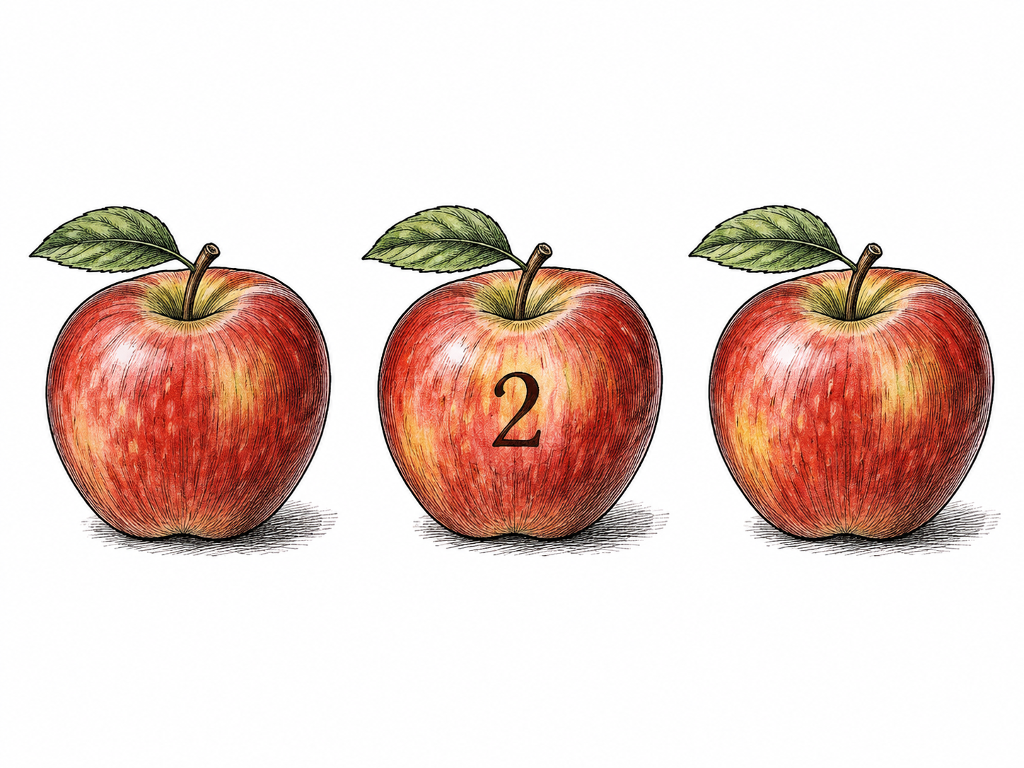 Three identical objects are arranged in clear left-to-right order, with the middle one marked only by the permitted functional numeral2; second in sequence.