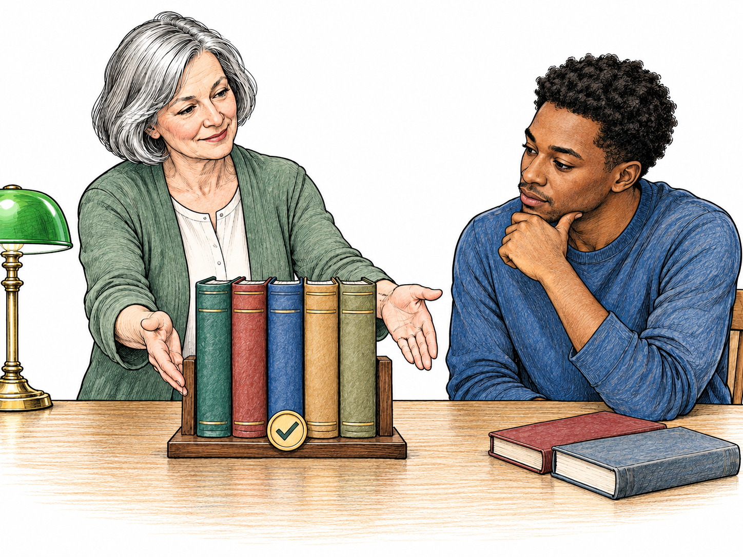 Librarian presents a selected unified set of five classic books grouped in central display while two unselected books lie aside; plain blank spines, consistent accepted collection marked by one small check seal without words.