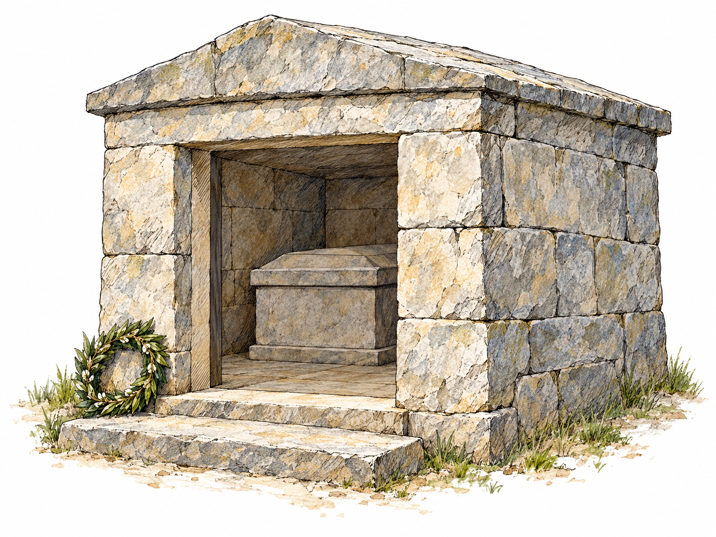 A small aboveground stone burial chamber with an open entrance revealing a sealed stone sarcophagus, clearly distinguishing the structure from an ordinary building.