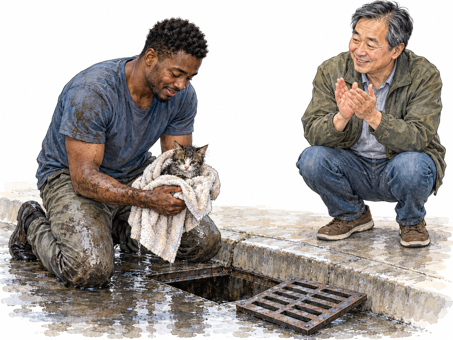 A young man has lifted a stranded kitten from an open storm drain; a nearby witness warmly applauds his compassionate action.