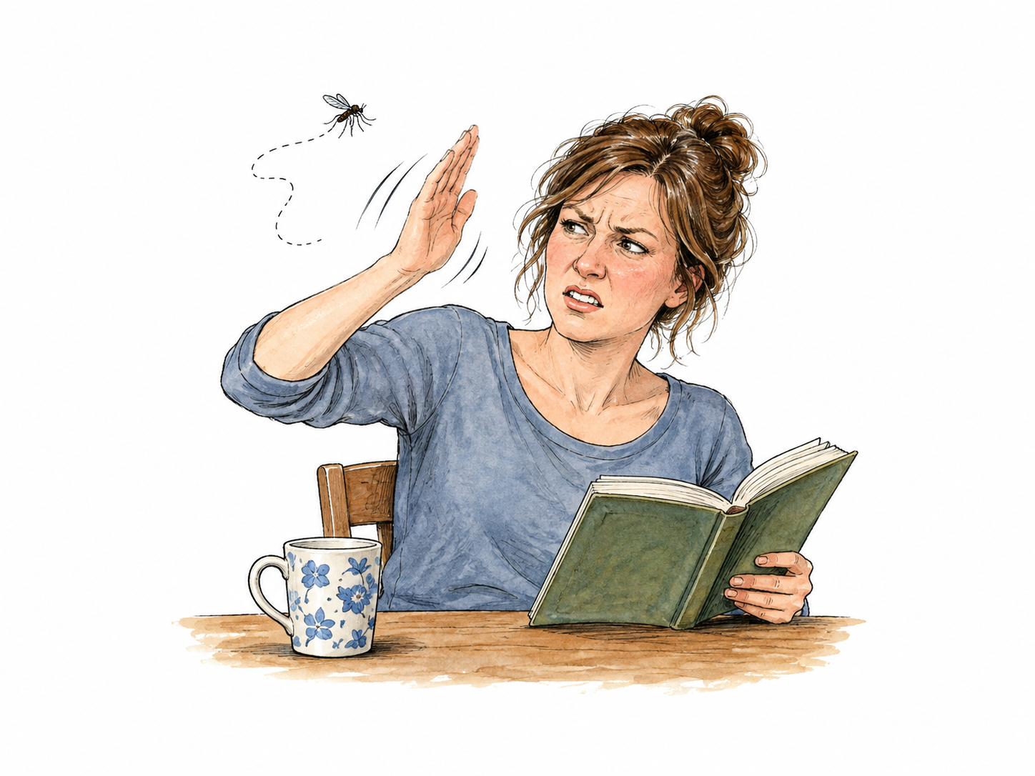 Mosquito repeatedly bothers person trying to read, swatting hand and annoyed expression; tiny insect visible.