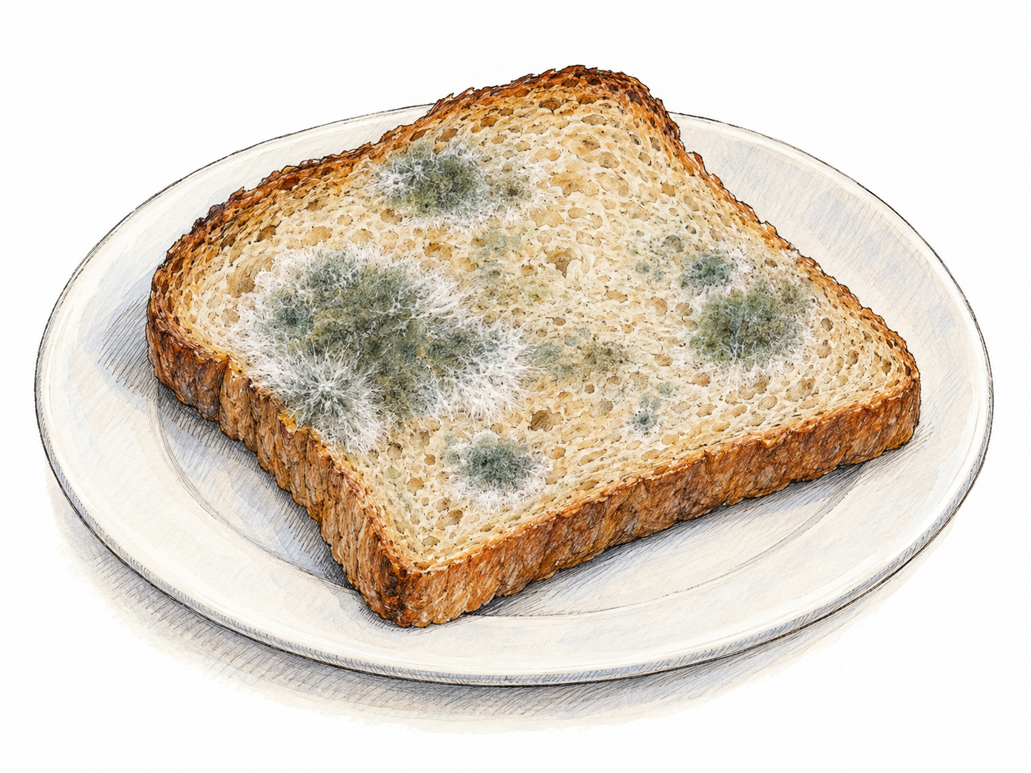 A close view of a single slice of stale bread on a plain plate, with clearly visible fuzzy green-white fungal colonies spreading across its surface.