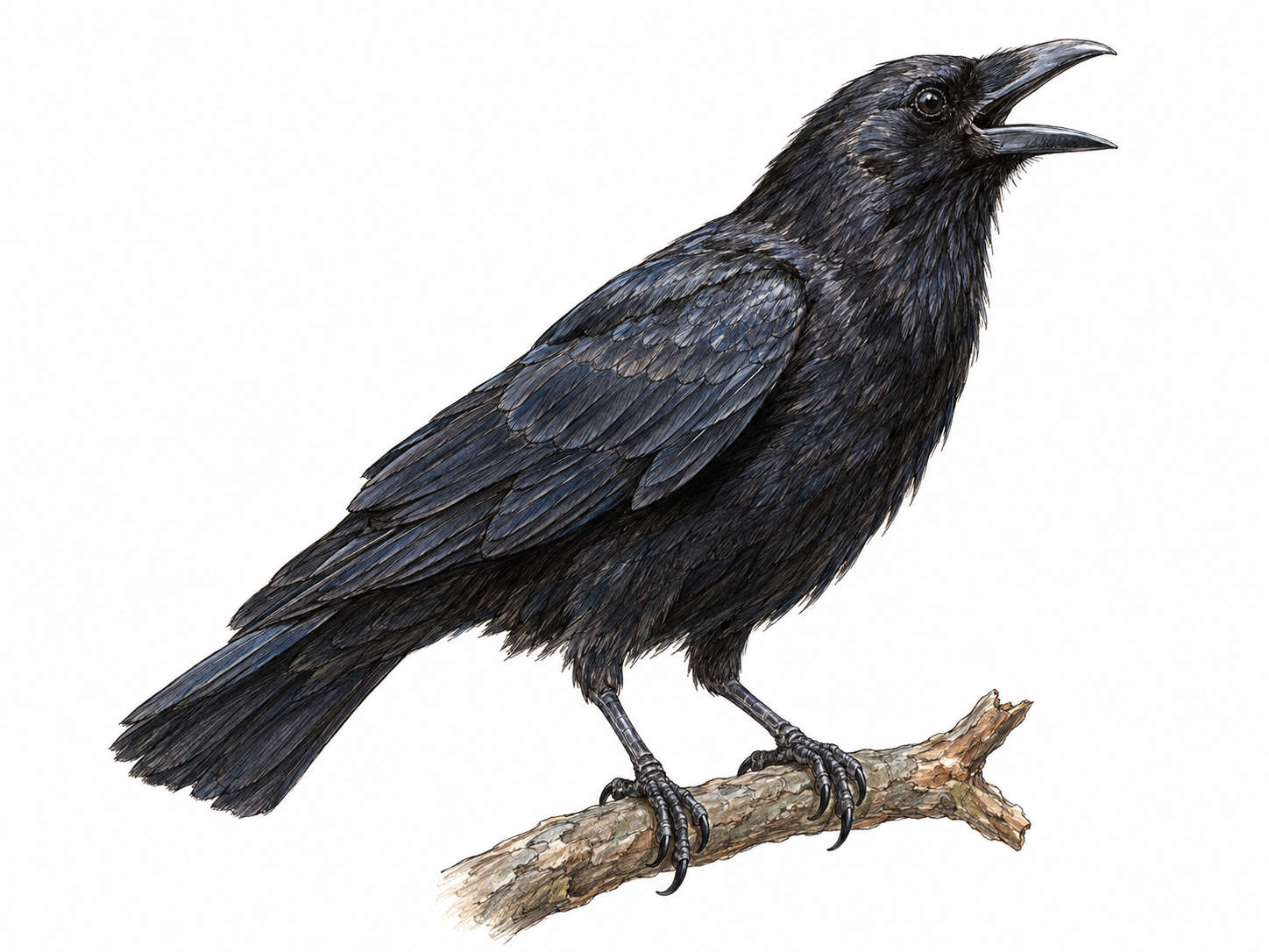 A single recognizable black crow perched on a bare branch, its beak open in a calling posture.