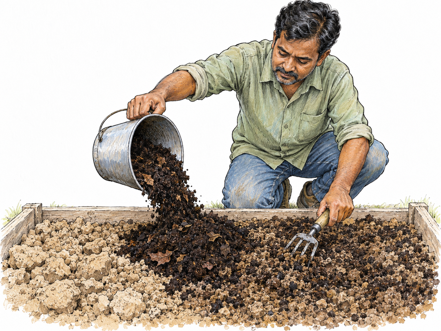 A gardener enriches poor soil by adding dark, crumbly compost and mixing it in.