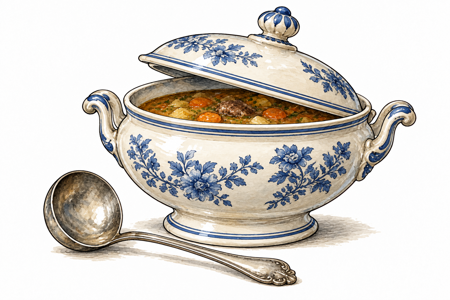 A deep ceramic covered soup tureen, lid slightly raised and ladle resting at side, handles and deep bowl clear.