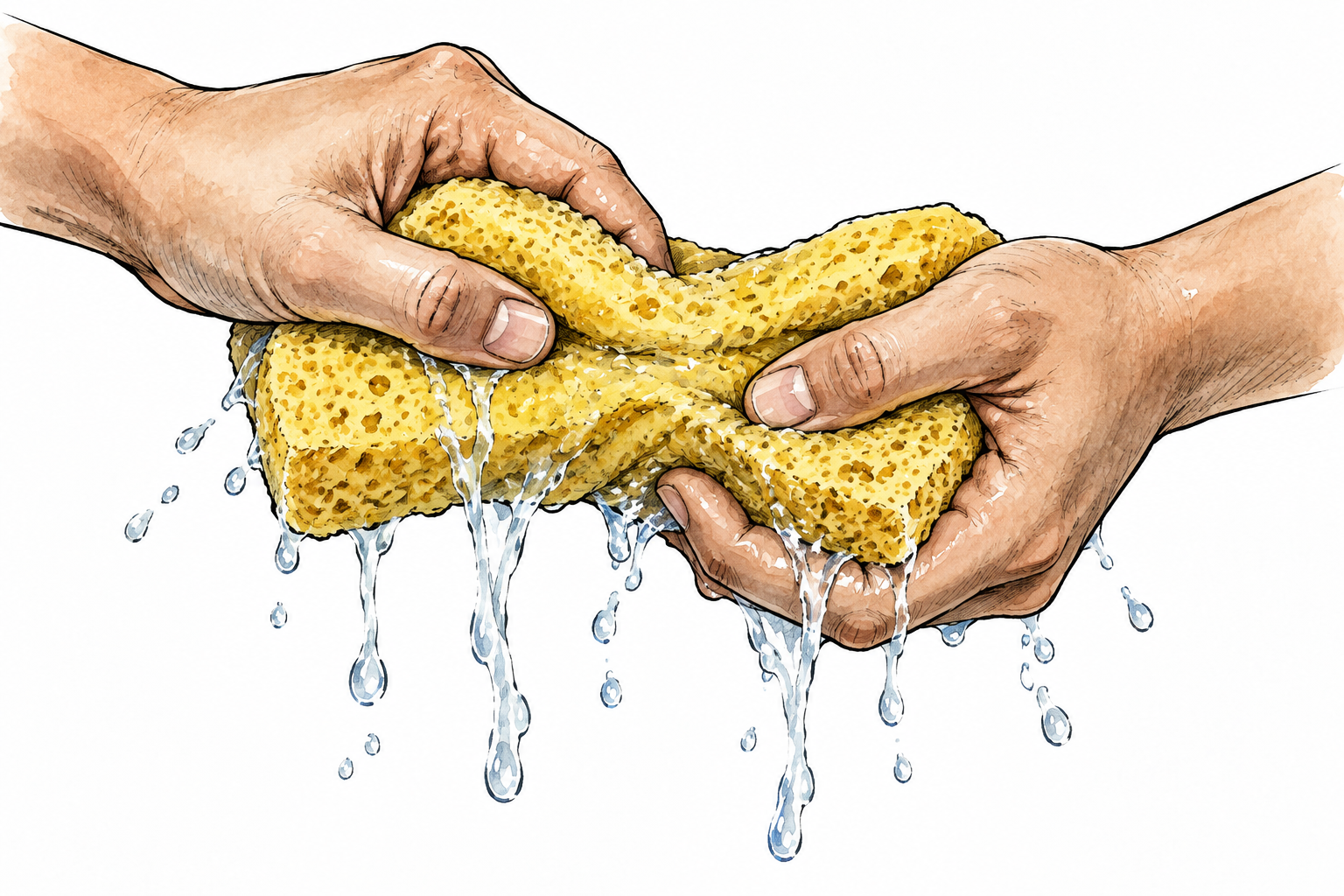 Fingers squish a soft wet sponge into flattened shape with water squeezing out, no words.