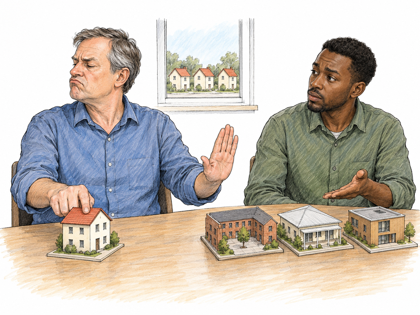 A locally blinkered town-planning participant dismisses several visibly different architectural possibilities and insists on copying the same familiar building already repeated throughout his town.