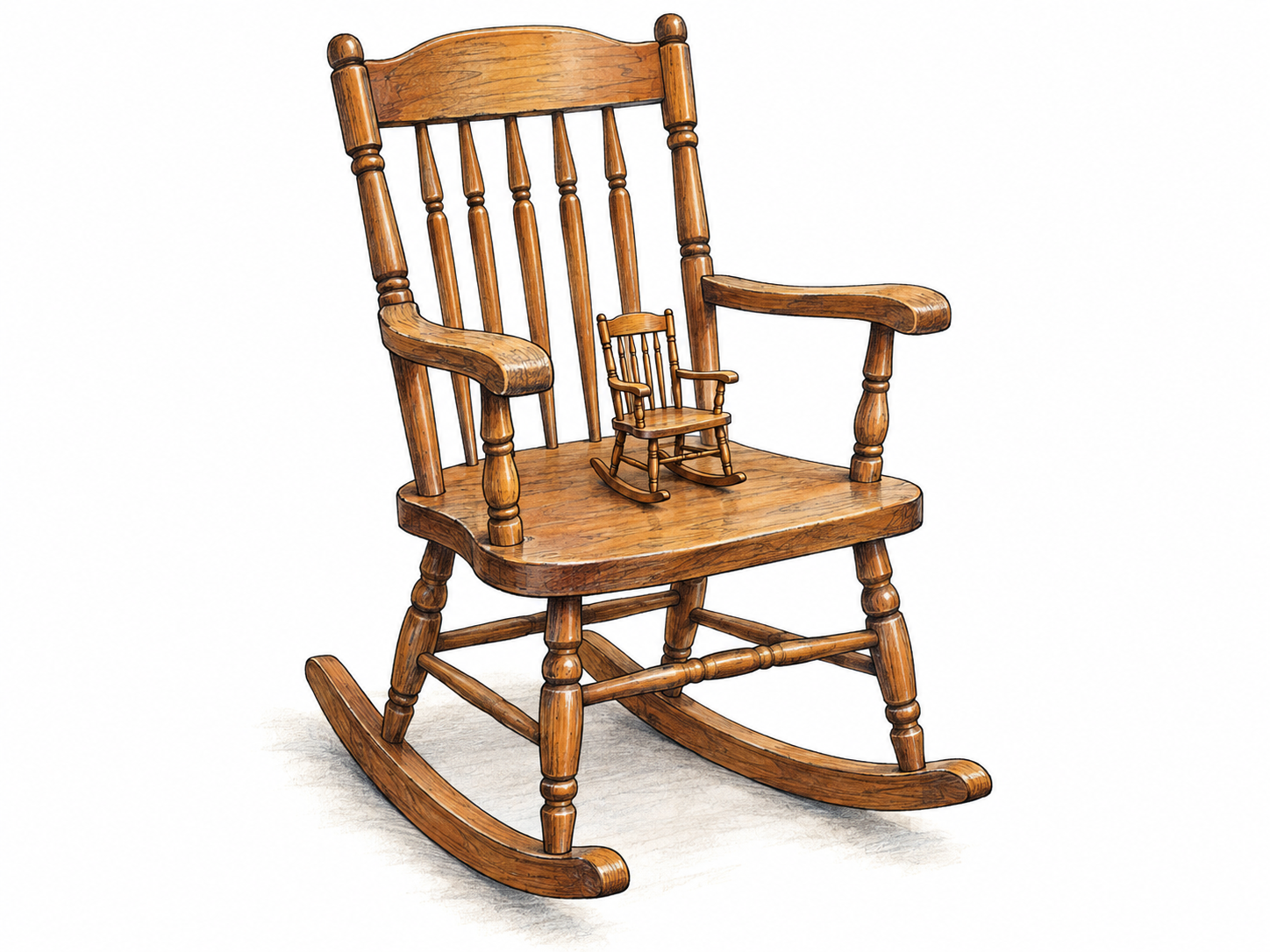 A tiny, detailed wooden rocking-chair model sits on the seat of a matching full-size rocking chair, making the reduction in scale immediately visible.