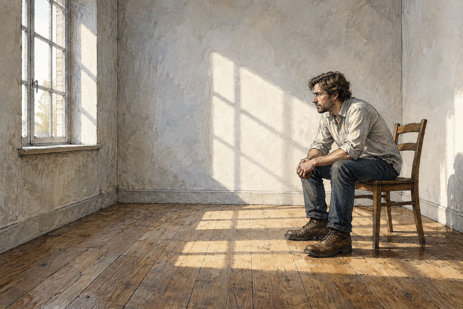 A stark empty room with bare pale walls, one hard wooden chair and severe window light, no decoration.