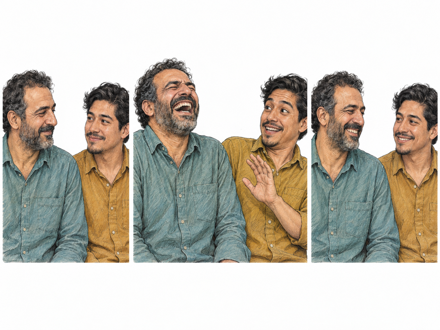 A compact three-moment sequence shows a man erupting into one startling hoot of laughter, then immediately settling back into a closed-mouth grin.