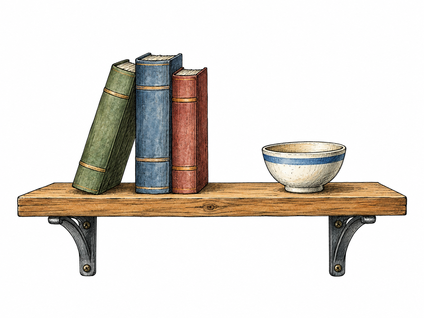 Single horizontal wooden shelf on two brackets holds three plain books and one small bowl; flat storage surface focal, isolated on white without full wall.