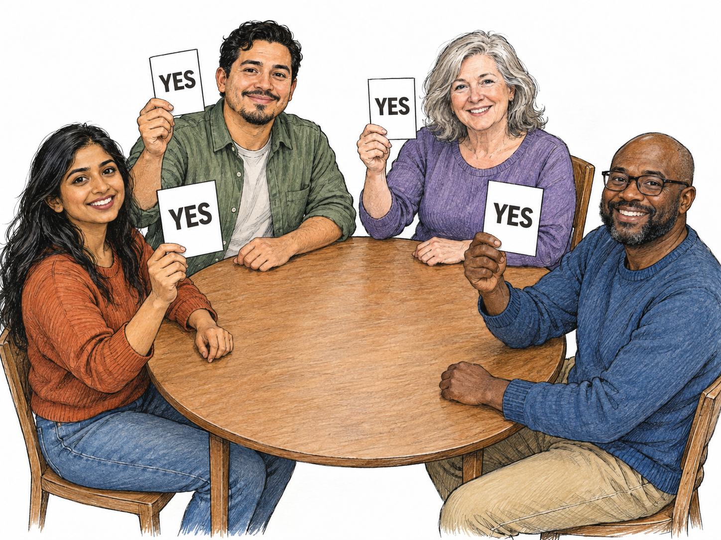 A complete four-person committee votes on one proposal around a small table.