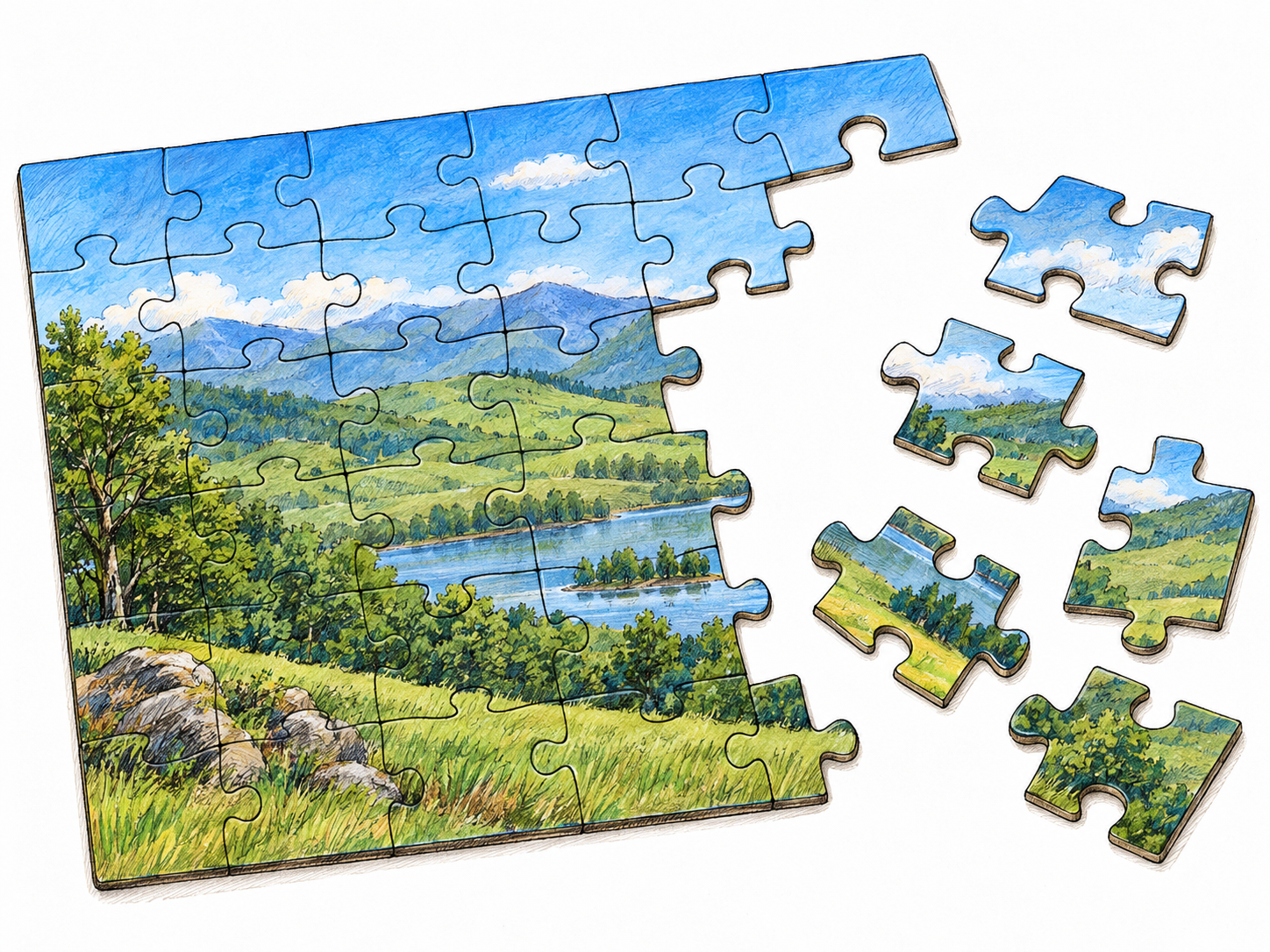 An unmistakably unfinished jigsaw puzzle: a rectangular landscape picture is only partly assembled, with a large irregular missing section and matching loose pieces beside it.