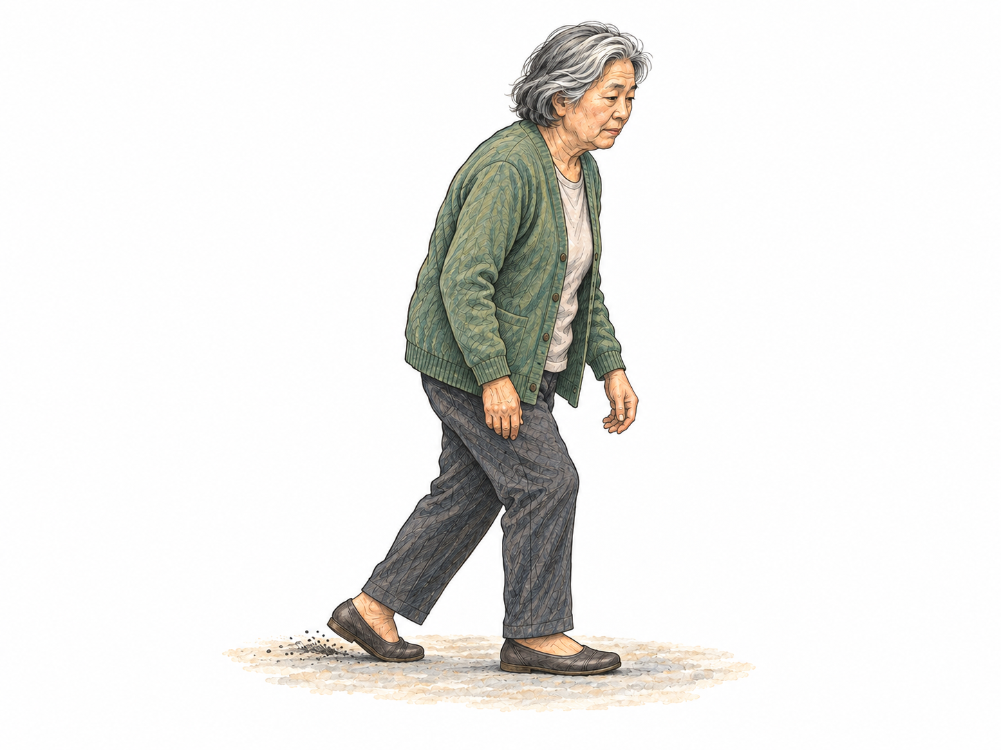 An older woman walks with a visibly awkward, short-strided gait, one shoe planted unevenly ahead while the trailing shoe drags along the ground.