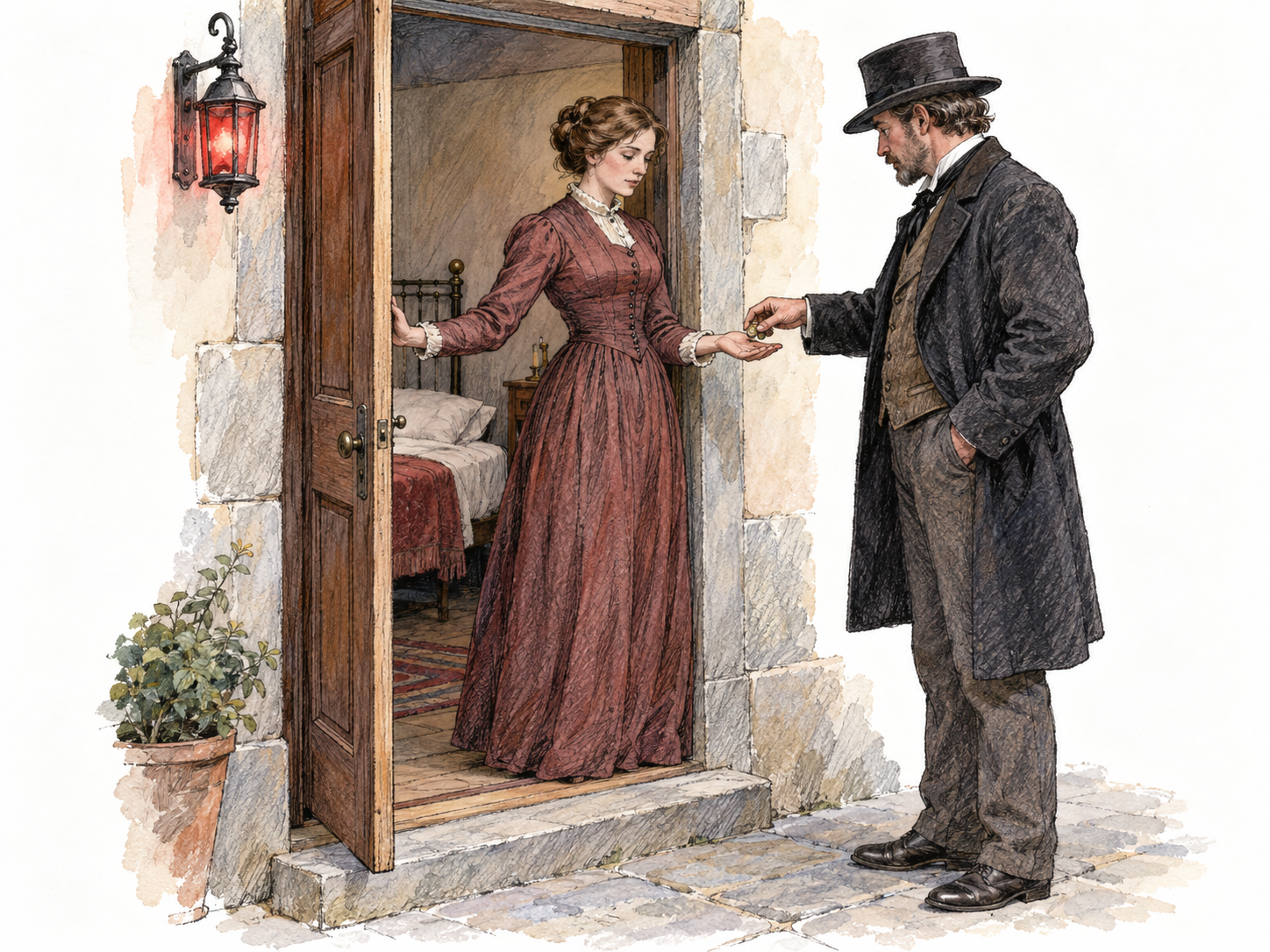 A restrained, non-explicit period brothel scene: an adult woman accepts coins from an adult male customer while admitting him through a bedroom doorway.