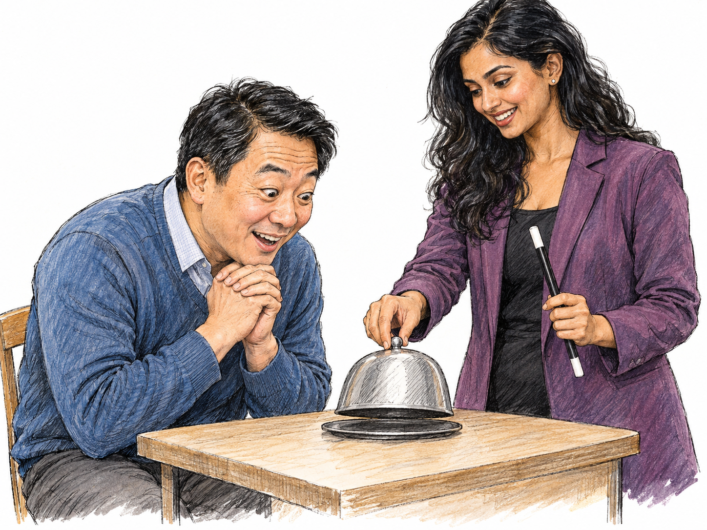 An eager spectator leans forward, wide-eyed and smiling, as a magician begins lifting a small cover from a mysterious object.