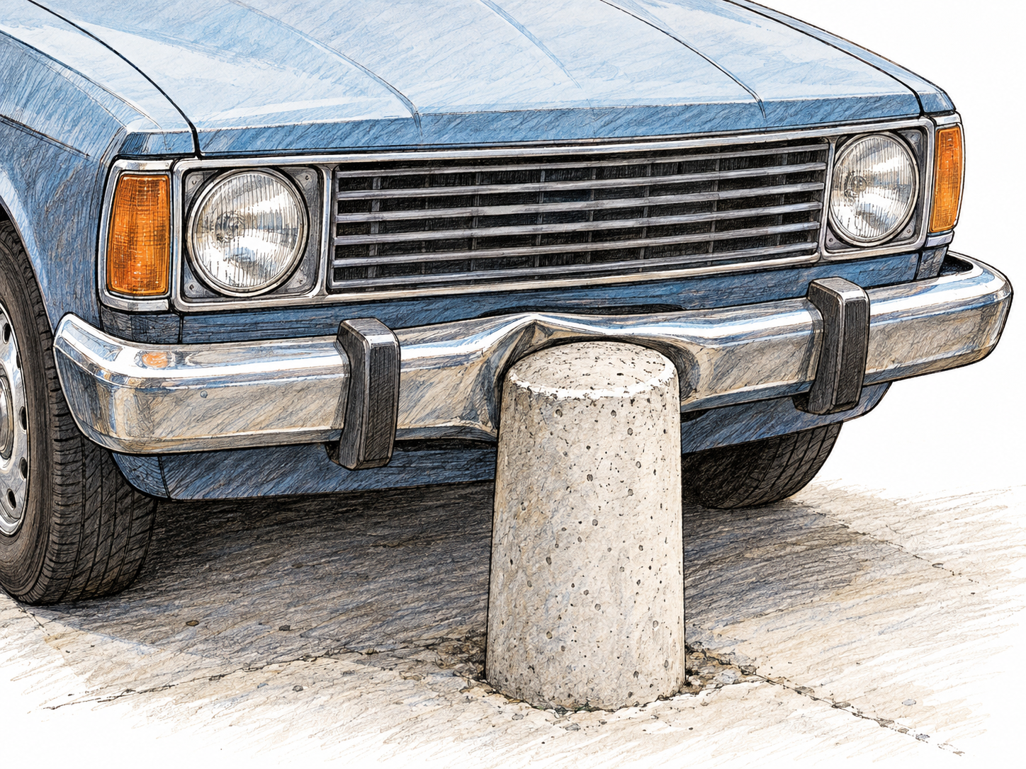 Close three-quarter view of a vehicle's exposed front bumper pressing against a low concrete bollard: the metal bar is locally dented while the headlights, grille and body behind it remain intact.