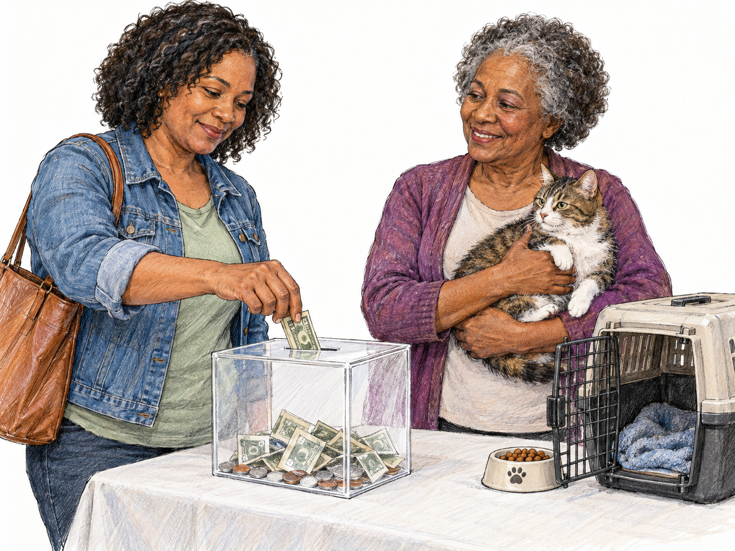 A woman visibly supports a small cat rescue by placing banknotes into its donation box while an older caretaker cradles a rescued cat beside a carrier and feeding bowl.
