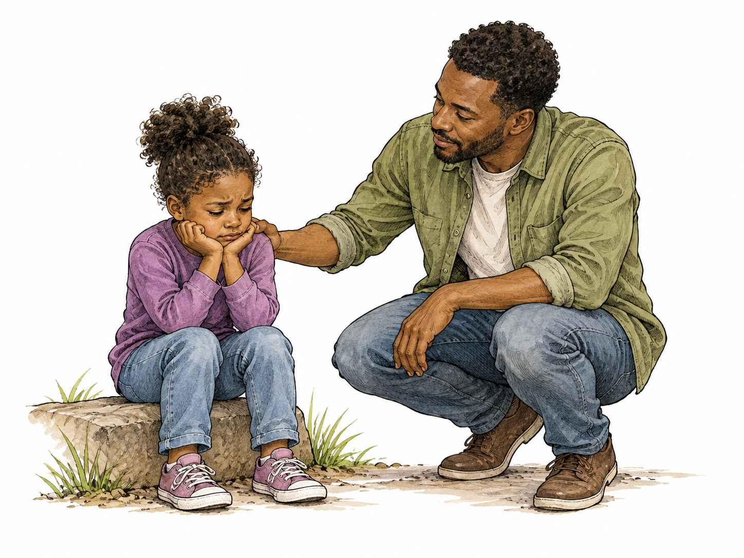 A Black parent calmly reassures a distressed child through a gentle hand on the shoulder.