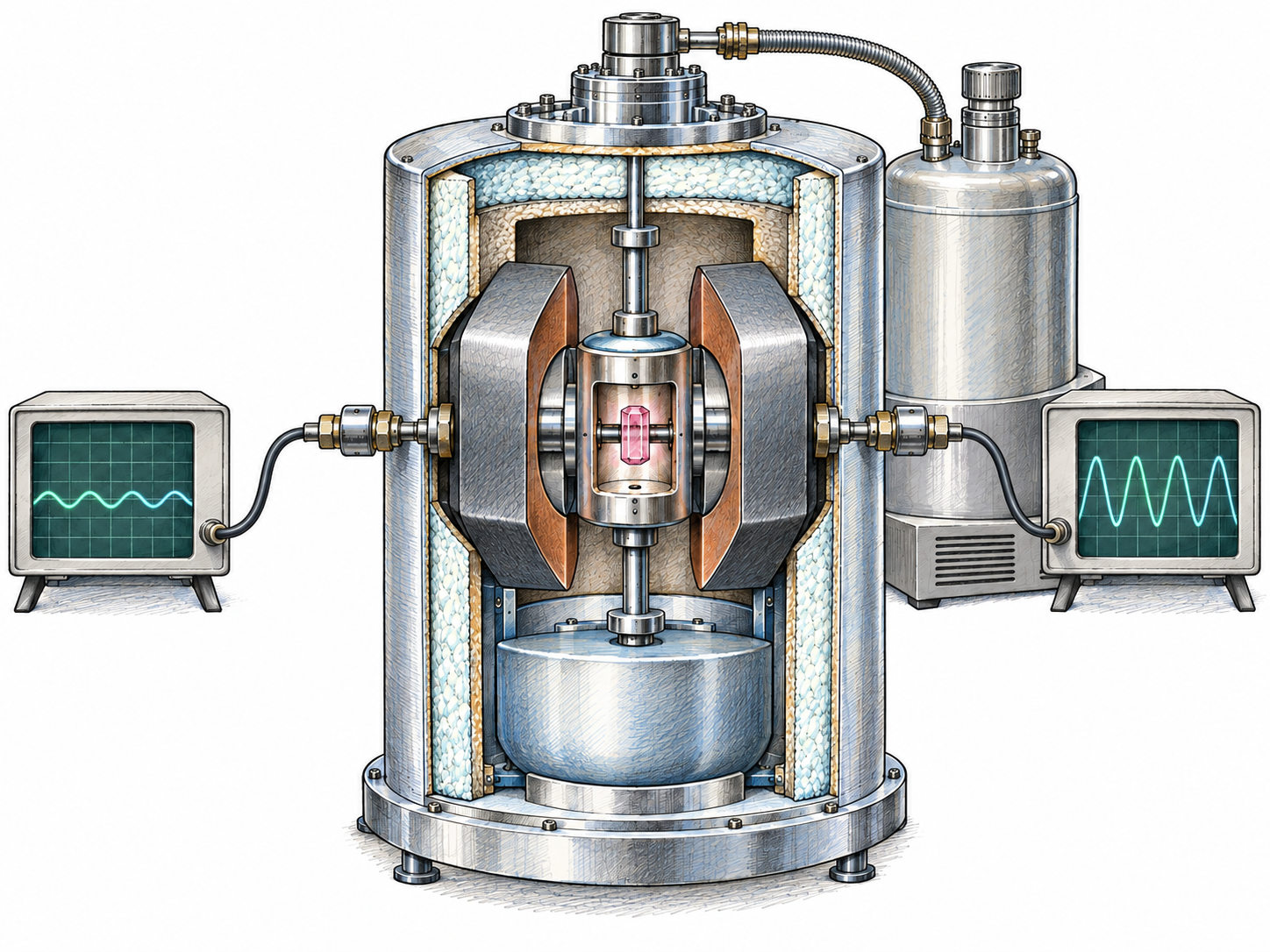 An idealized cutaway of a cryogenic ruby maser amplifier, pairing its crystal-and-magnet construction with small input and larger output microwave traces.