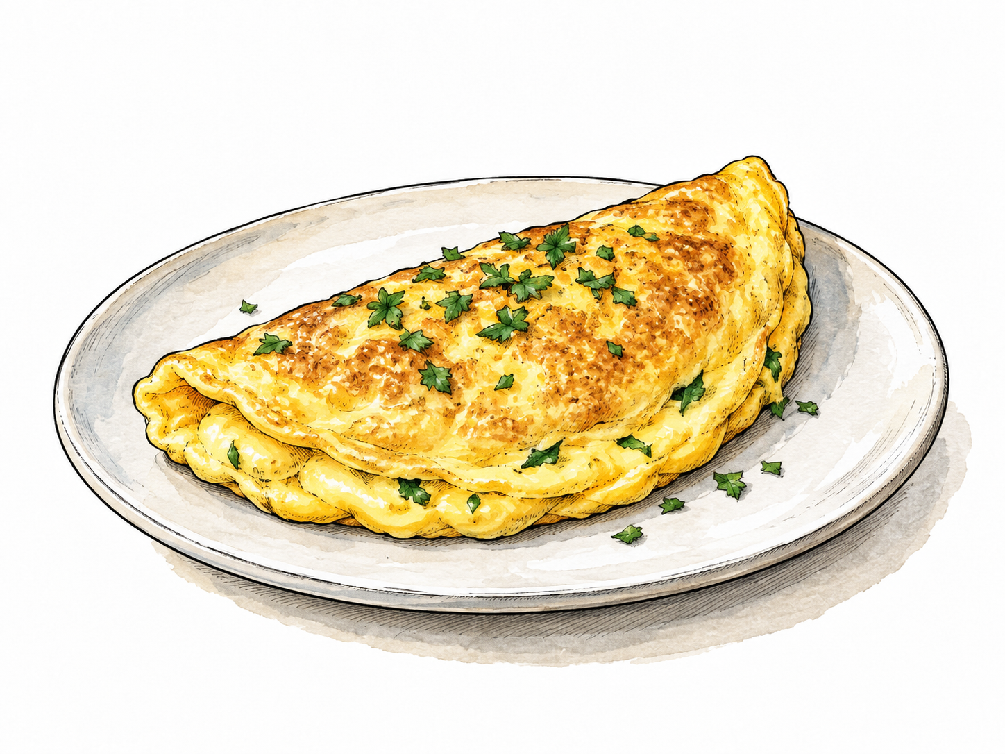 A freshly cooked folded golden omelet on a simple plate, soft egg texture and a little chopped herb.