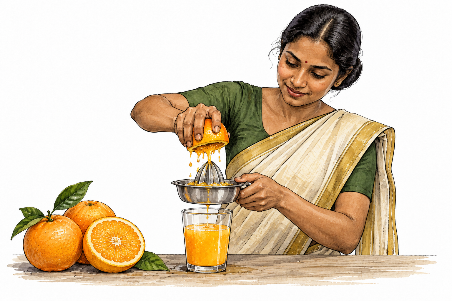 South Asian cook squeezes fresh oranges to obtain juice in a glass, deriving something from source.
