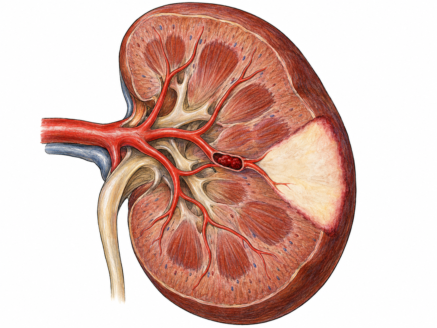 An anatomical cutaway of a kidney shows a clot completely obstructing a renal arterial branch and the sharply defined, pale wedge of dead tissue downstream, contrasting with surrounding healthy tissue.