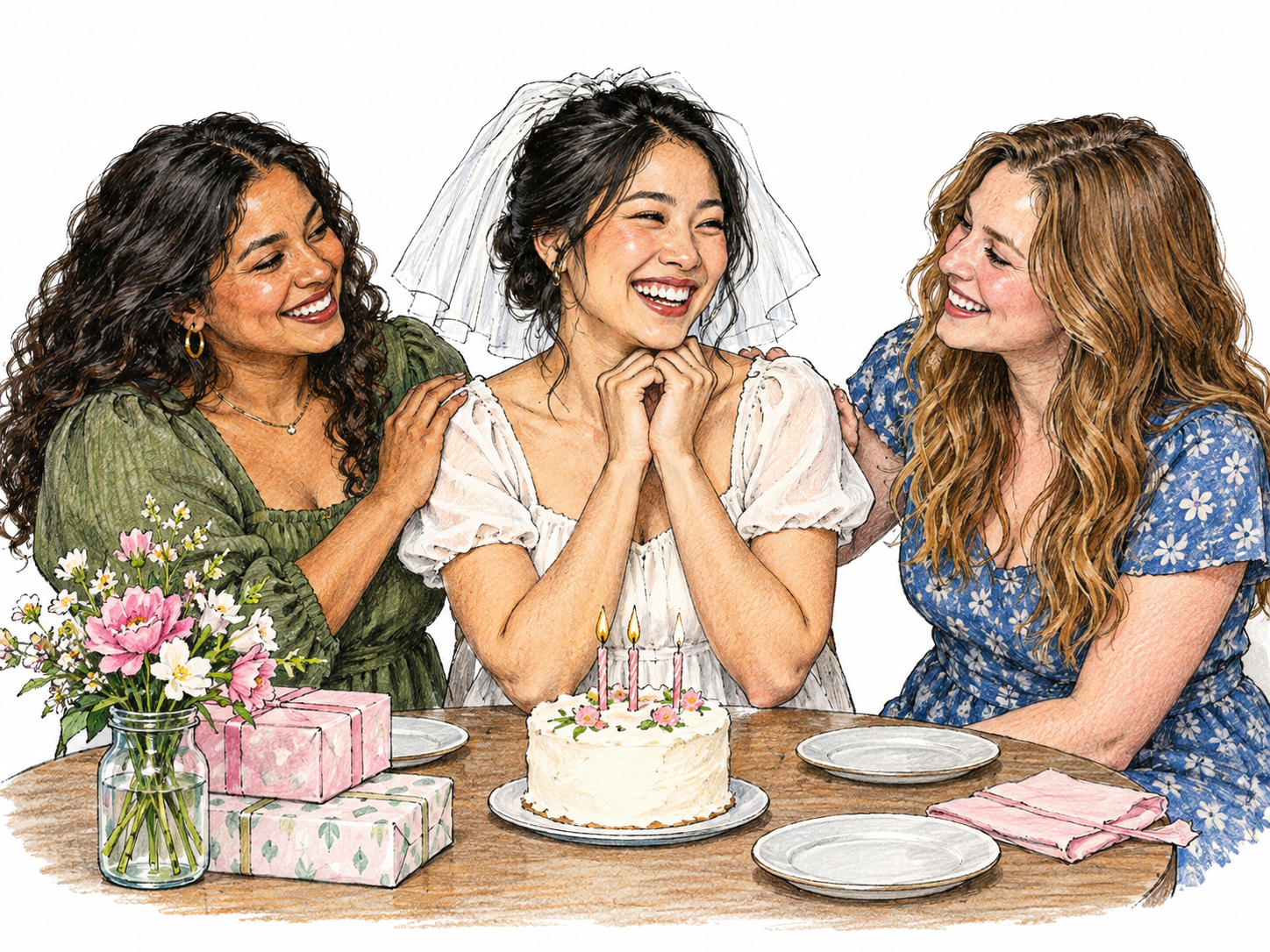 Three adult friends celebrate the bride-to-be with a small cake and a plain short white veil, smiling around a simple table; no lettering, sashes, alcohol excess or sexualized props.