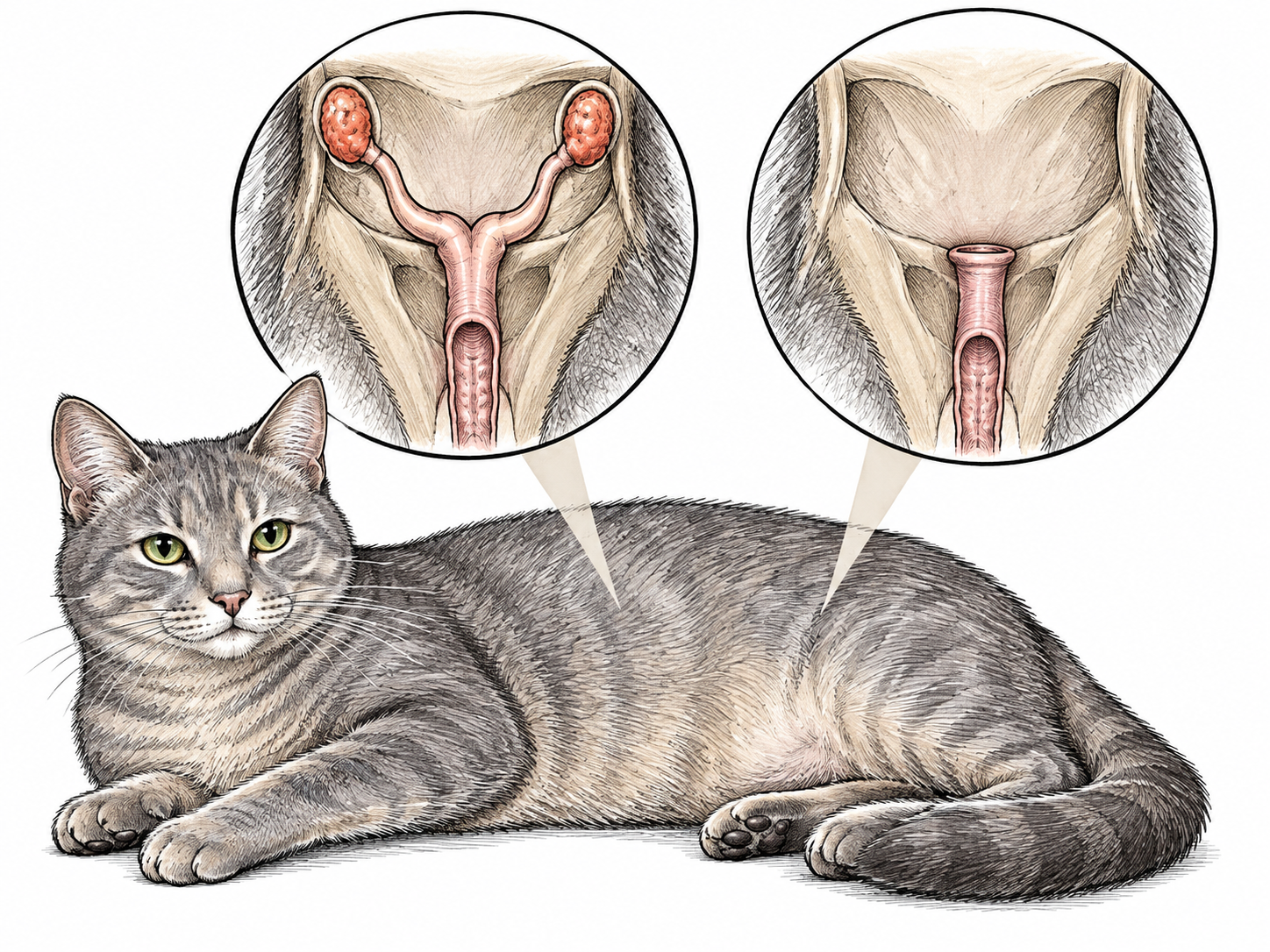 A simplified female-cat reproductive anatomy inset shows two ovaries and two uterine horns joining the uterine body before spaying, and their absence after ovariohysterectomy, paired with a calm recovered female gray cat.
