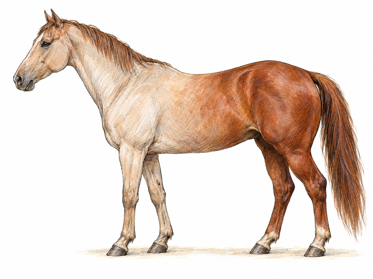 A side-view horse with its hindquarters and hind legs selectively emphasized, making the location toward the back immediately visible.