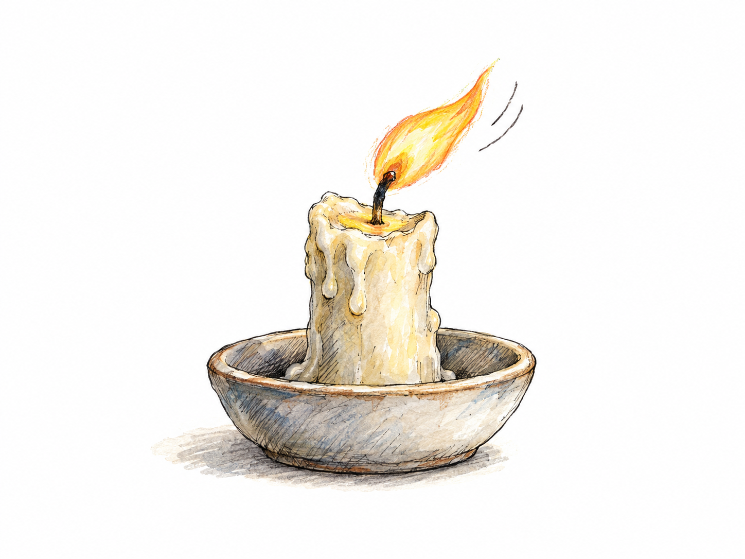 A single candle with a small, uneven flame bending sideways, using subtle broken motion strokes to suggest its quick, unsteady flickering.