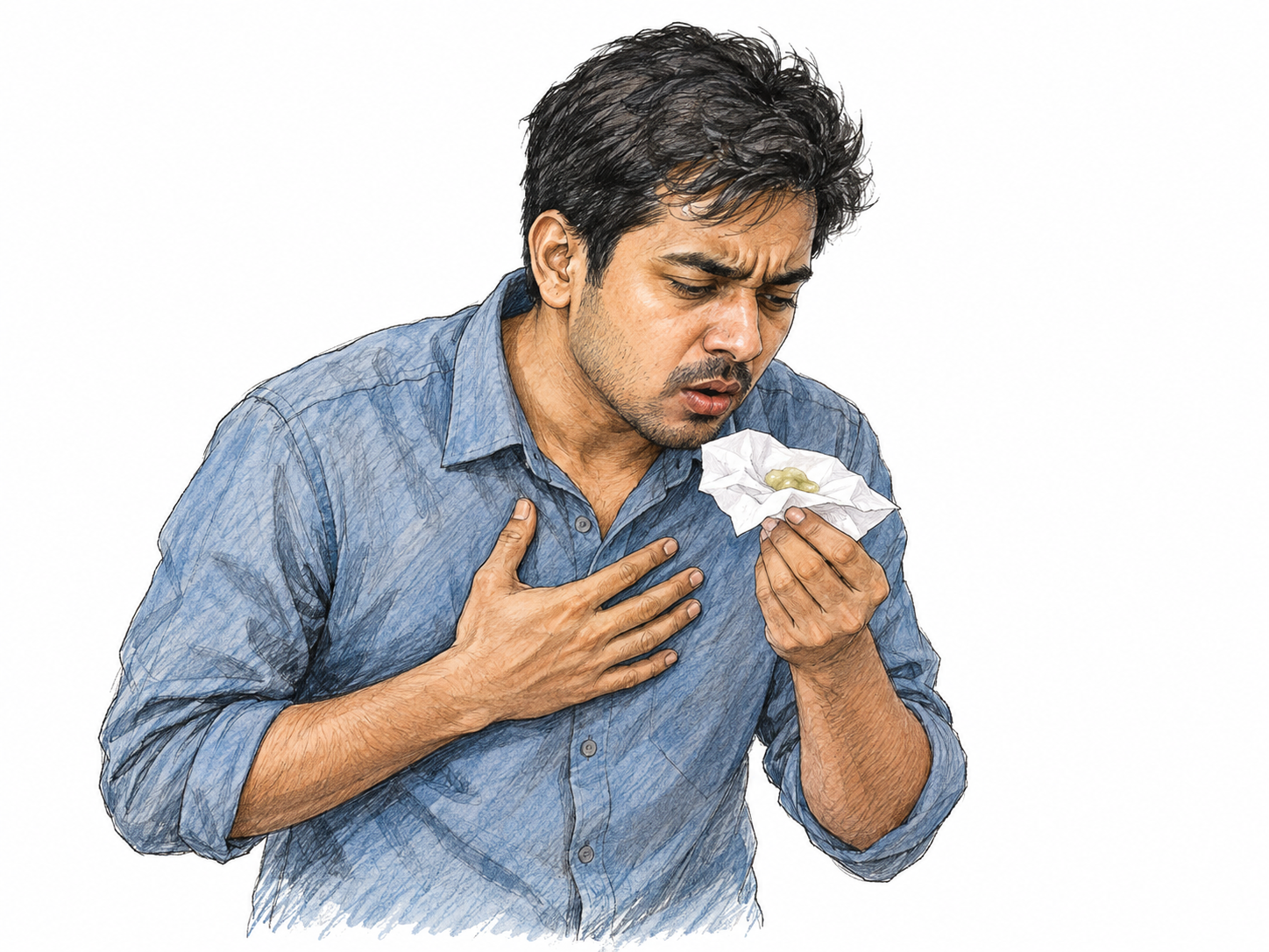 A young adult man has just coughed into a white tissue, revealing a small amount of thick mucus.