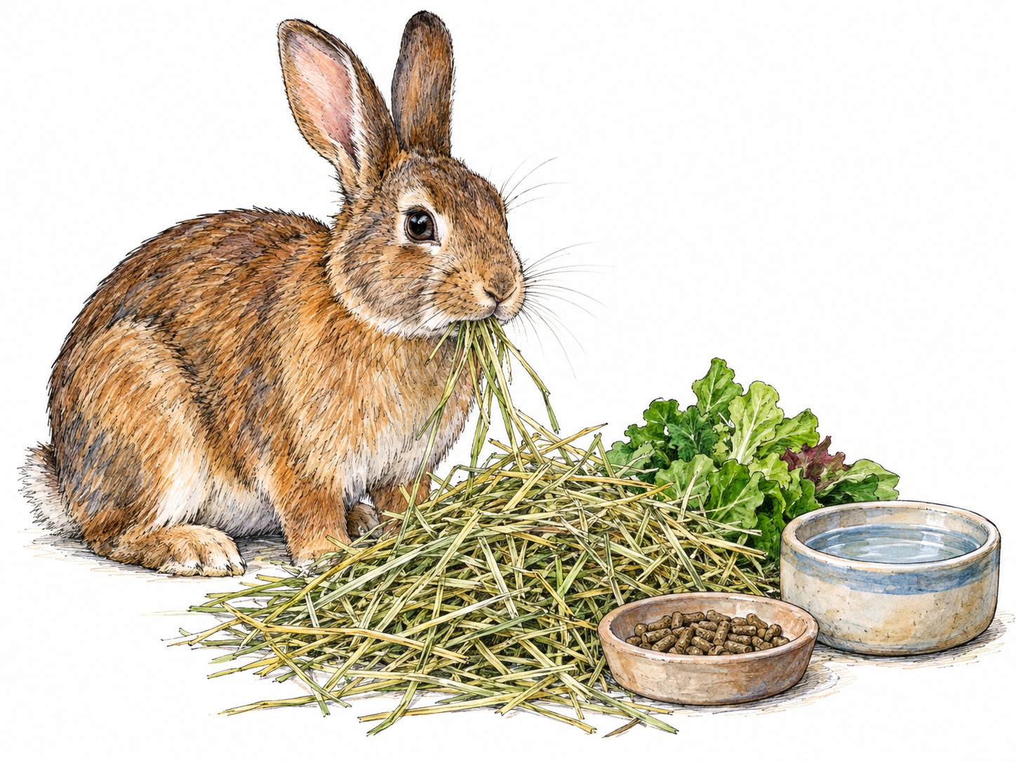 A domestic rabbit eating hay beside its everyday foods and water: a generous hay supply, a small portion of leafy greens, a few plain pellets, and a low water bowl.