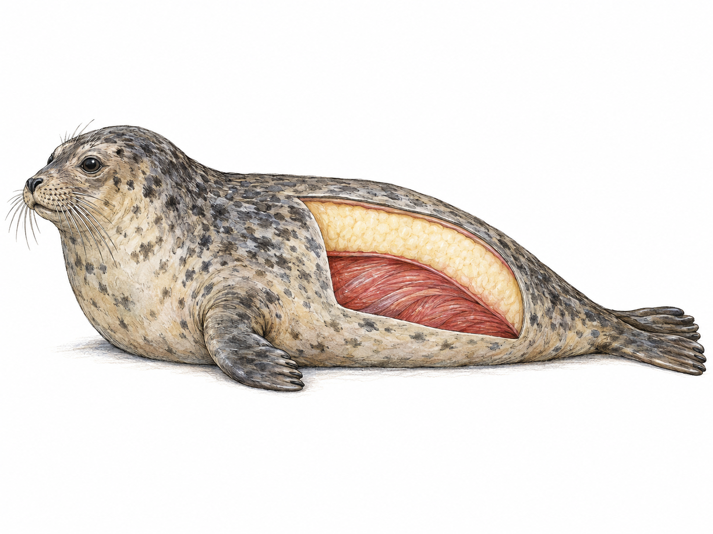 A seal in side view with a small, clean illustrative cutaway revealing a thick pale layer of blubber directly beneath its skin and above its muscle.