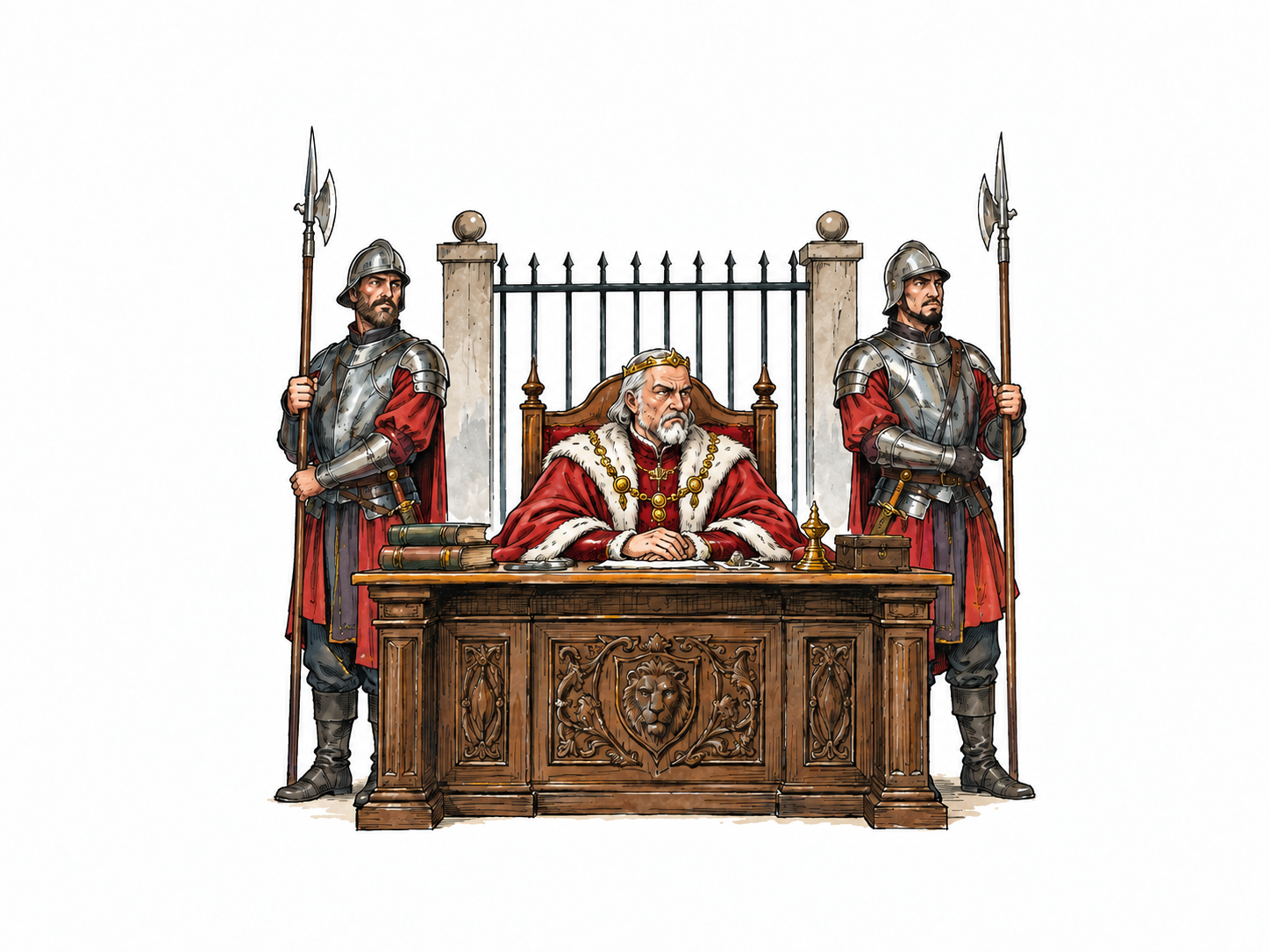 Authoritarian ruler sits rigidly at high desk flanked by two uniformed guards, citizens excluded behind barrier; no real leader/flag/slogans.