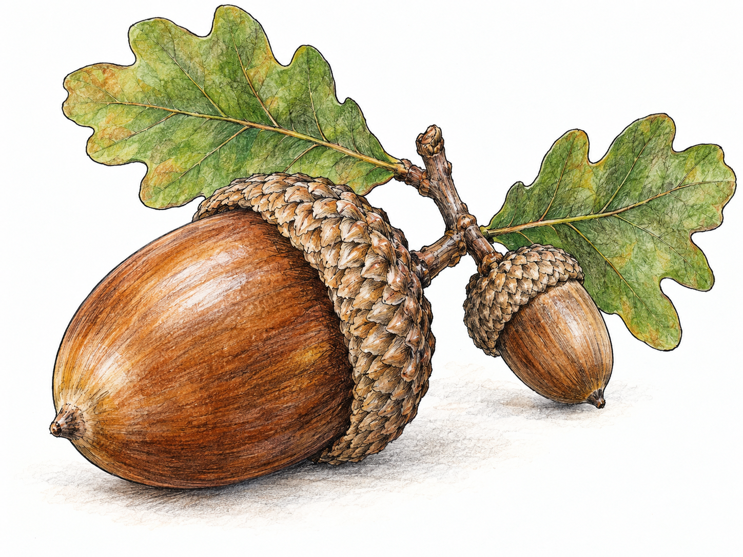A close botanical view of a ripe acorn with its distinctive scaly cup, beside a short oak twig bearing a second acorn and recognizable lobed leaves.