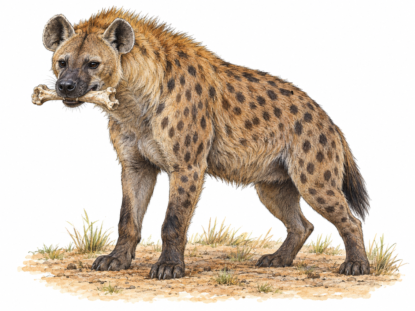 A single spotted hyena in three-quarter side view, its high shoulders and lower hindquarters forming a clearly sloping back, gripping a dry scavenged bone in its powerful jaws.