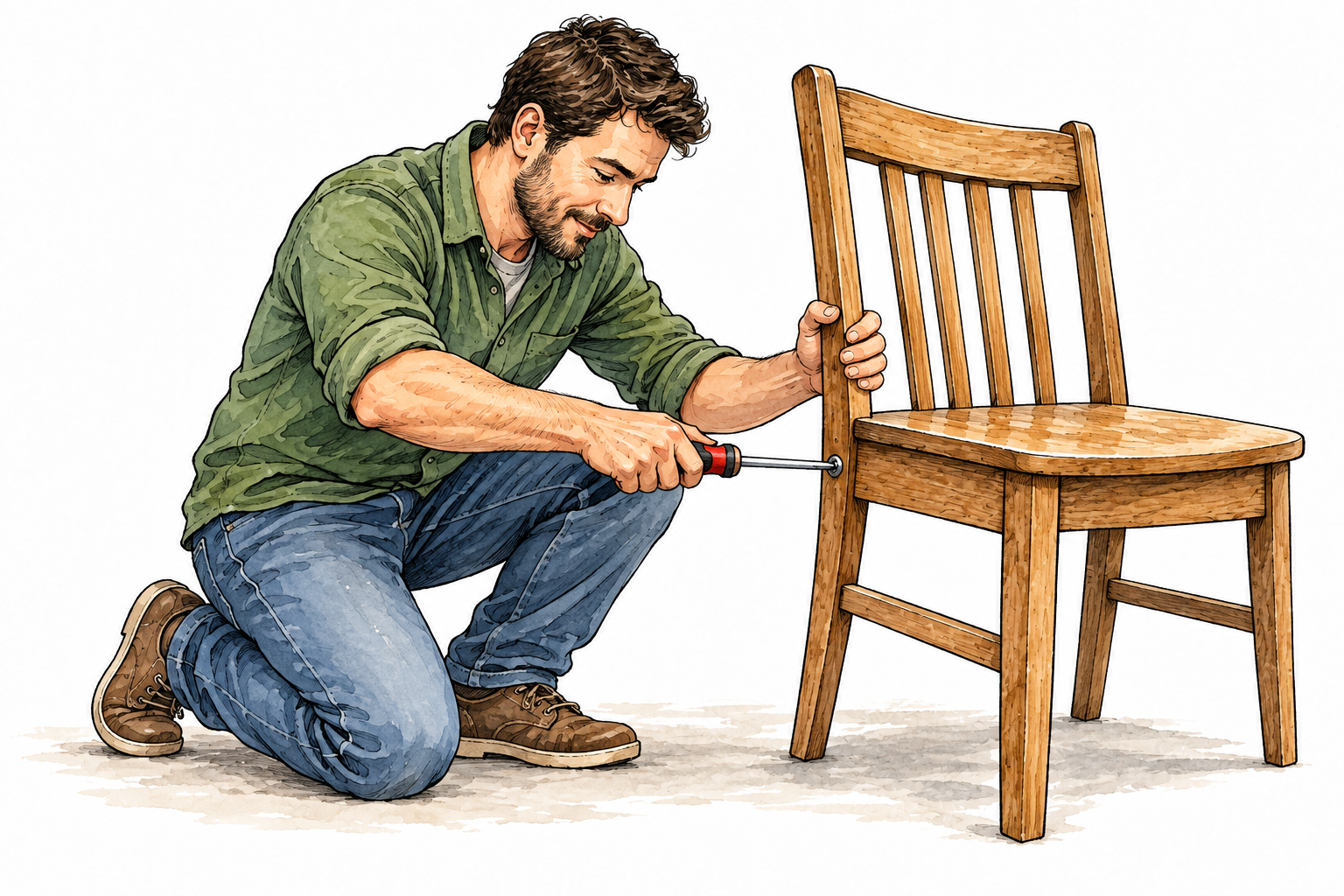 A person uses a screwdriver to tighten a loose chair screw, purposeful employment of a tool.
