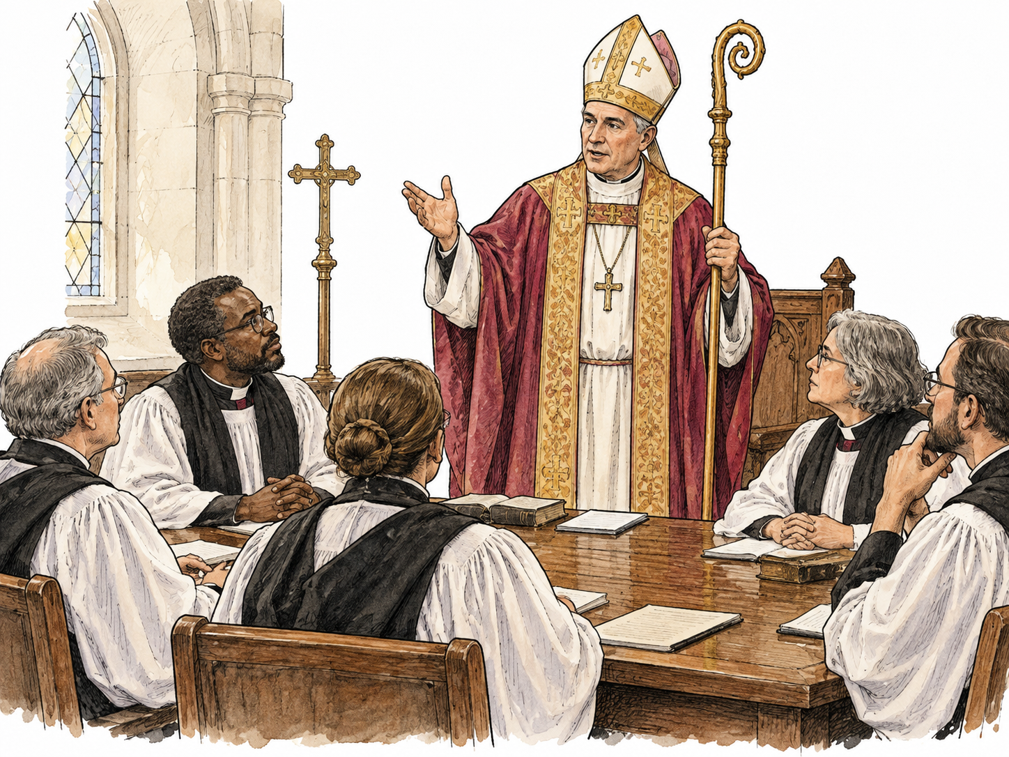 Church governance scene with bishop presiding over seated clergy.
