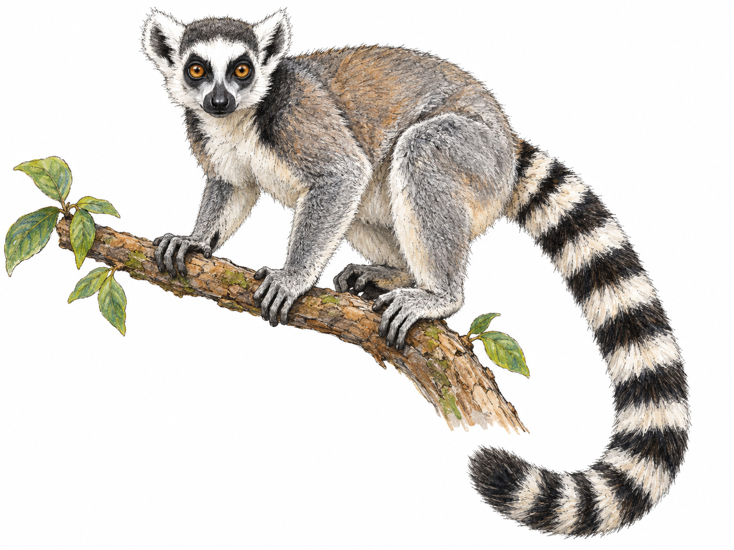 A single ring-tailed lemur perched on a low branch, with its large eyes, pointed muzzle, grasping hands and feet, and long black-and-white ringed tail clearly visible.