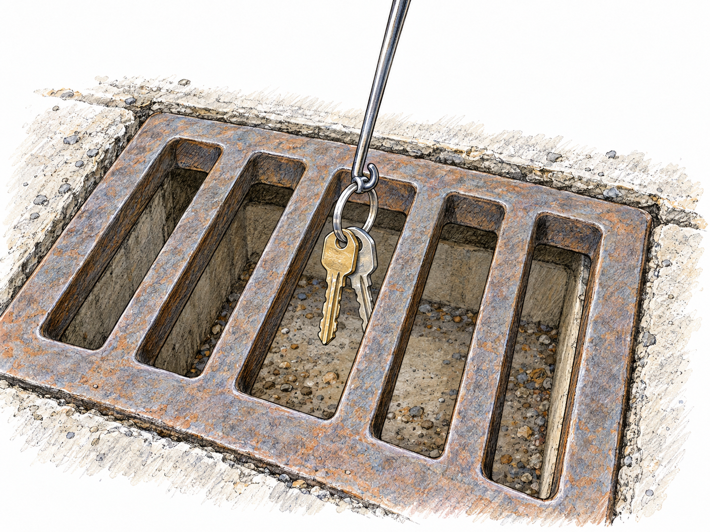 A dropped set of keys is recoverable from a shallow street drain: a small hooked retrieval tool has caught the key ring and is lifting the intact keys toward a gap in the grate.