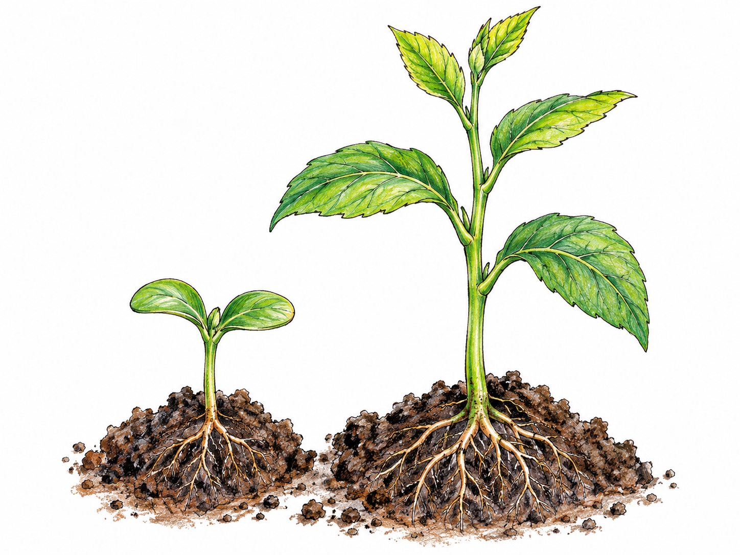 A young plant develops fresh leaves and a longer stem beside a smaller earlier seedling, vegetative growth rather than flowers or fruit; simple rooted soil clumps and no arrows or labels.