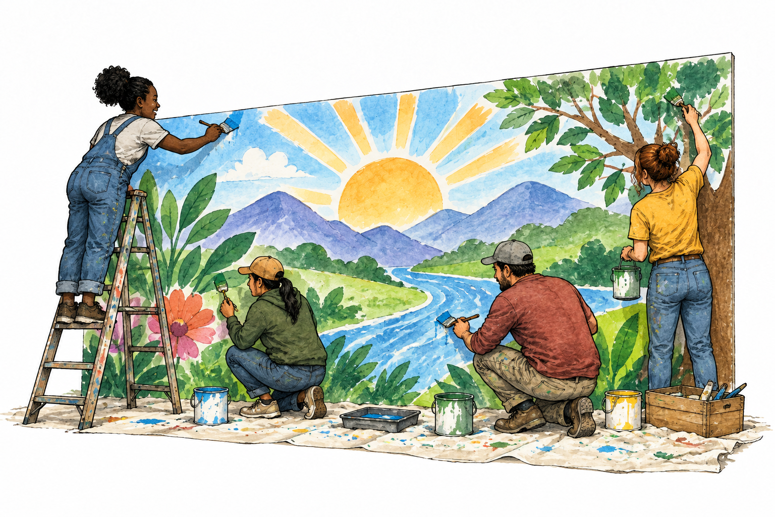 Small diverse team jointly paints a large mural, shared task visibly collaborative.