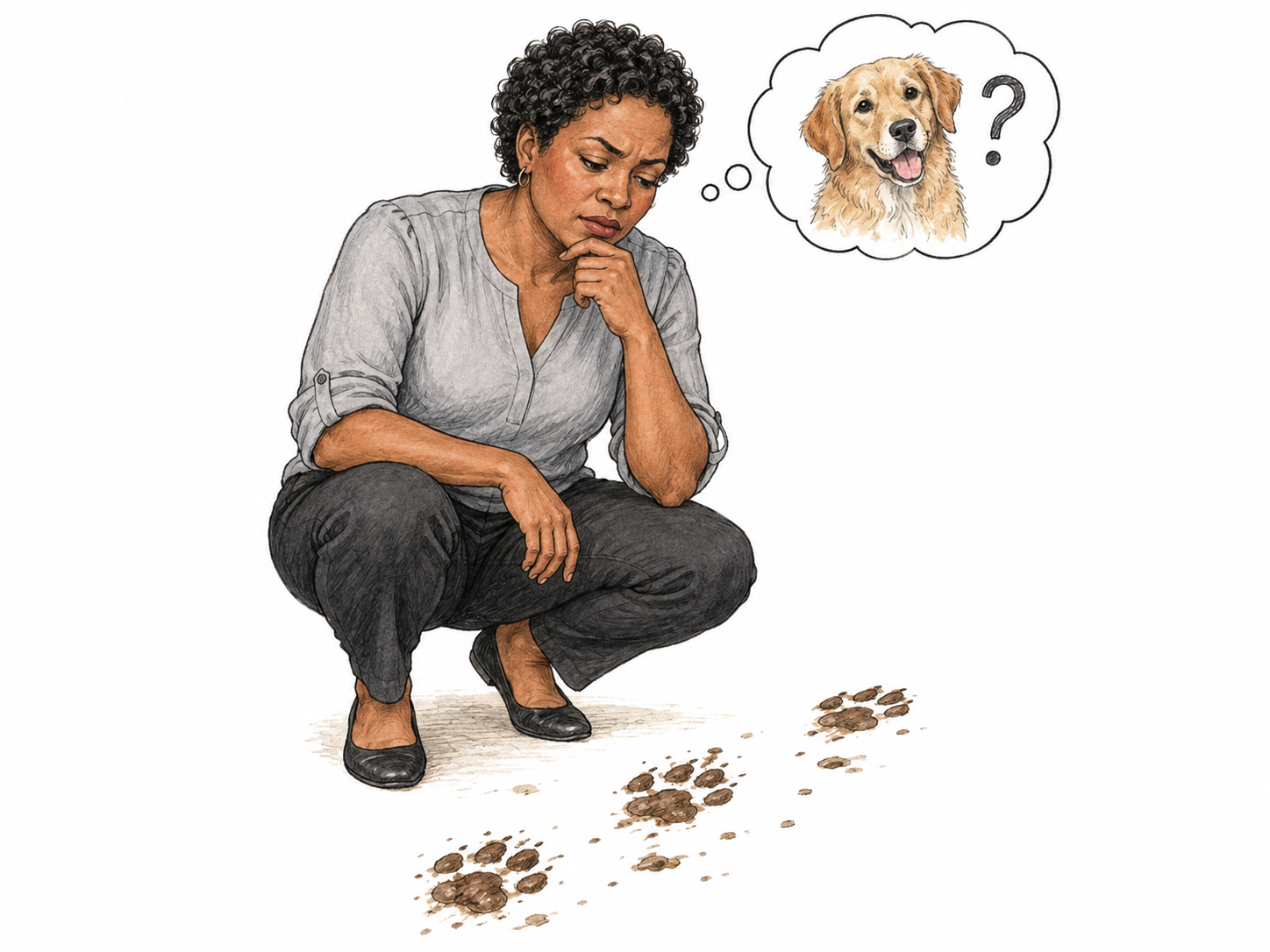 Woman considers possible culprit for muddy footprints, small thought bubble of household dog with question mark while actual dog absent; plausible but unproved idea, tiny floor patch only.