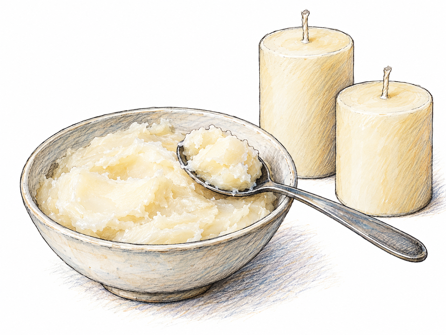 A shallow ceramic bowl of creamy, off-white rendered tallow, with a spoon lifting a soft scoop; two simple finished tallow candles beside it show a familiar use.