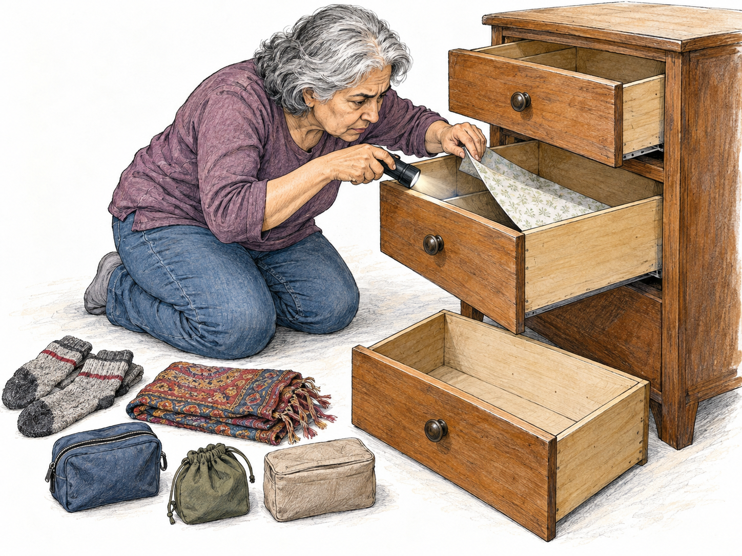 A woman thoroughly searches a small chest of drawers, removing its contents and checking the deepest corner of an emptied drawer with a flashlight.