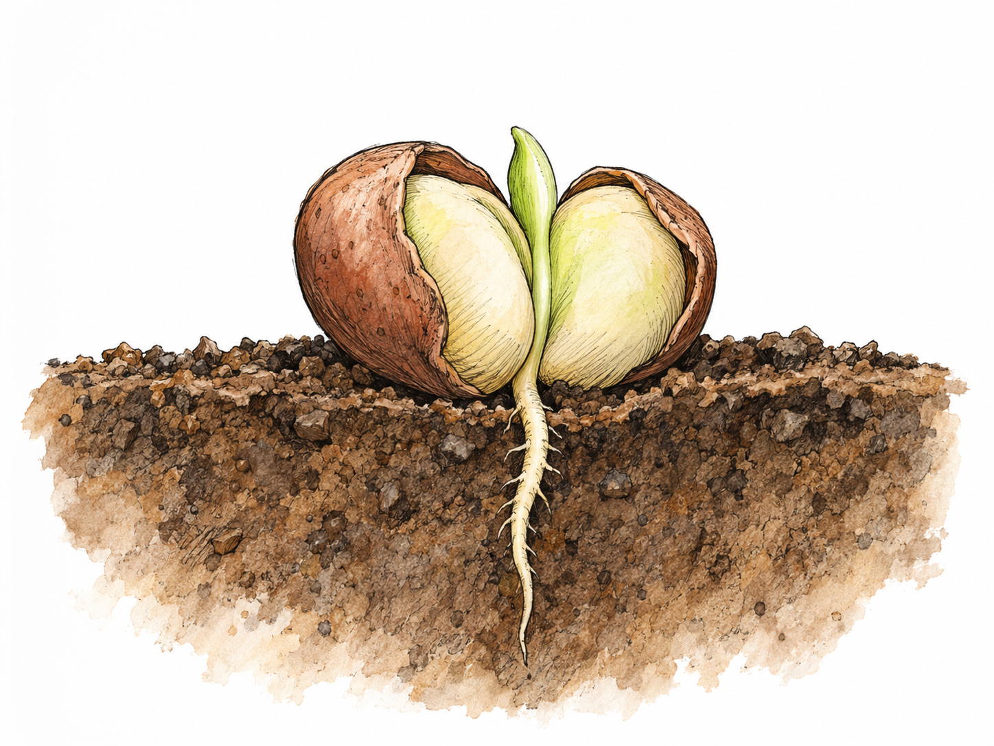 A seed has only just germinated: its split shell remains attached to a tiny emerging shoot, with a short first root visible in a small cutaway of soil.