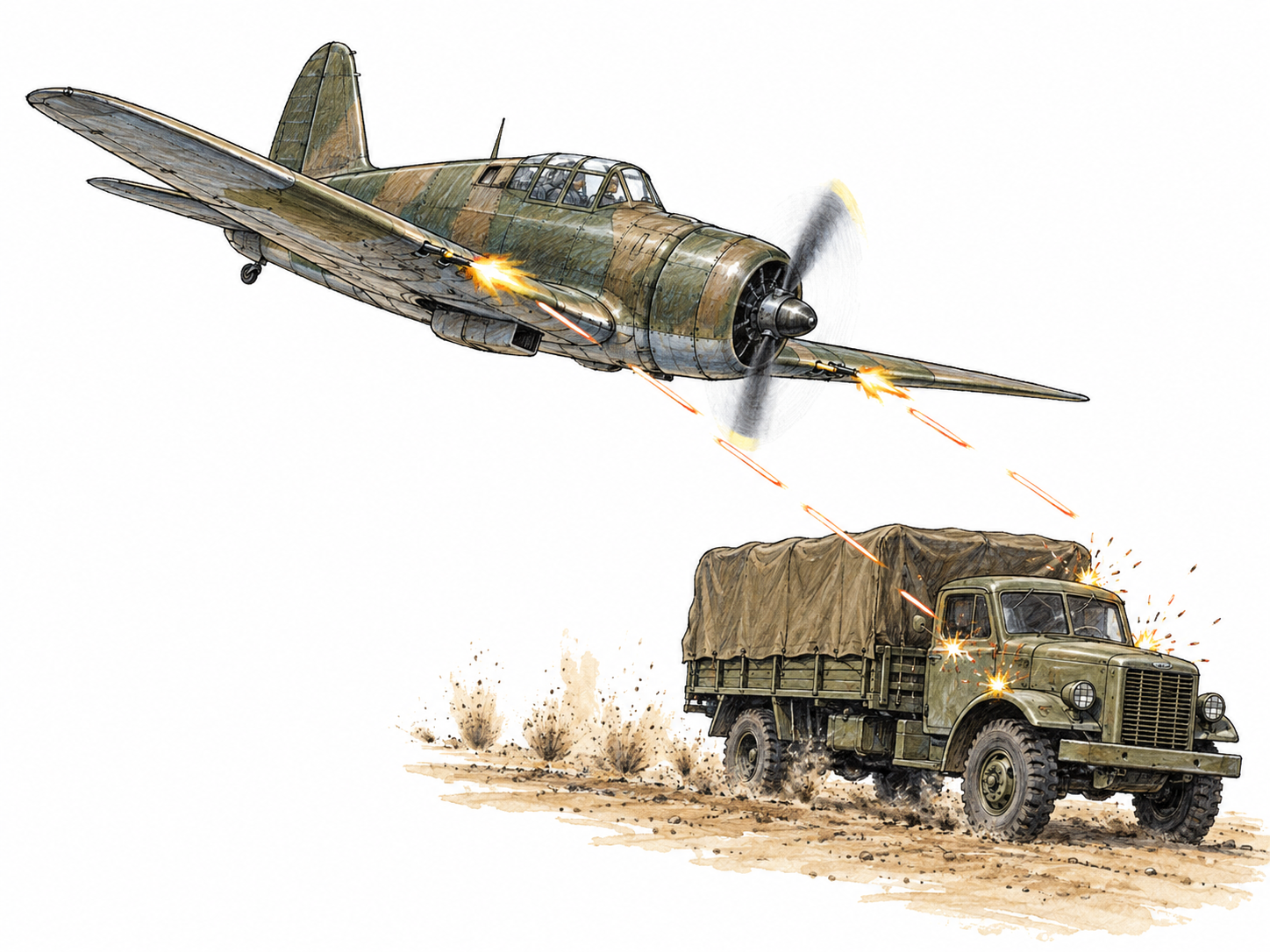 A low-flying propeller military aircraft fires its fixed forward-facing guns toward an unoccupied military truck on the ground; muzzle flashes, a short downward-forward tracer path, and a line of ground impacts make the strafing action explicit.