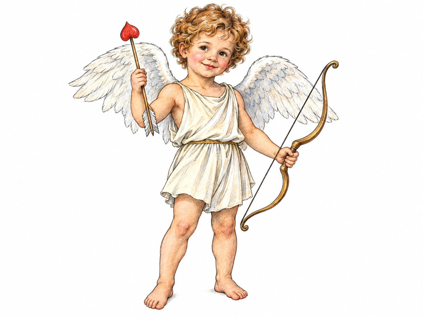 A classical cupid depicted as a small winged boy holding a bow and a heart-tipped arrow, with a modest draped tunic.